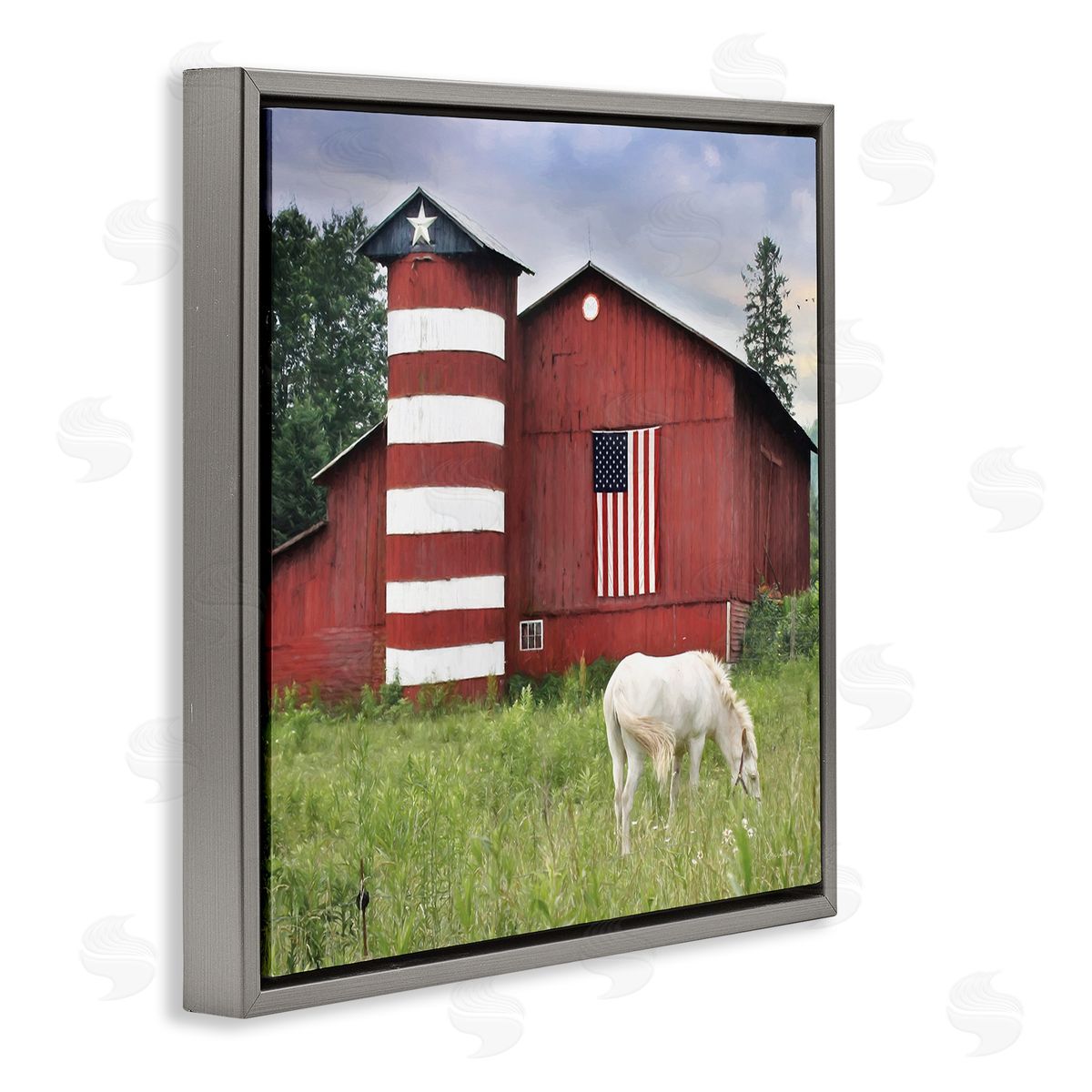 Lori Deiter Grazing White Horse Red Americana Barn Flag Gray Floating Frame Canvas Wall Art Print