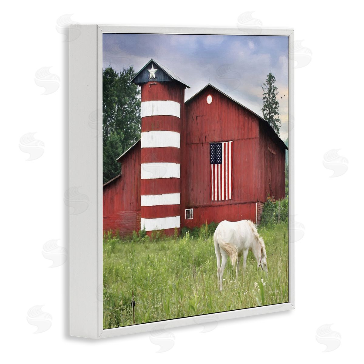 Lori Deiter Grazing White Horse Red Americana Barn Flag White Framed Glicee Wall Art Print