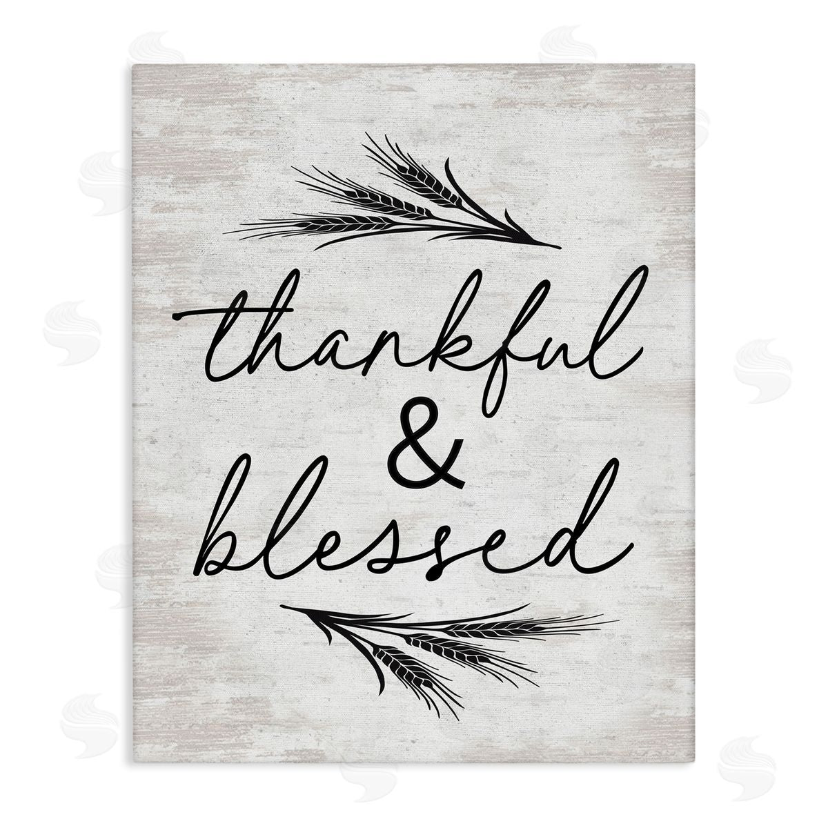 Lettered and Lined Thankful & Blessed Rustic Wheat Sprig  Stretched Canvas Wall Art Print
