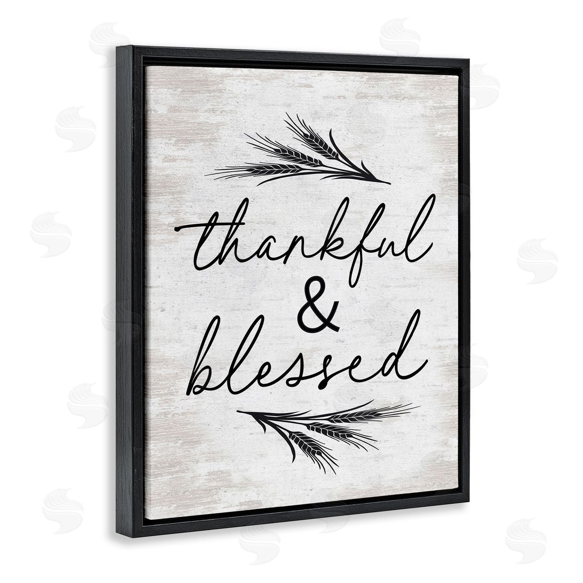 Lettered and Lined Thankful & Blessed Rustic Wheat Sprig  Black Floating Frame Canvas Wall Art Print