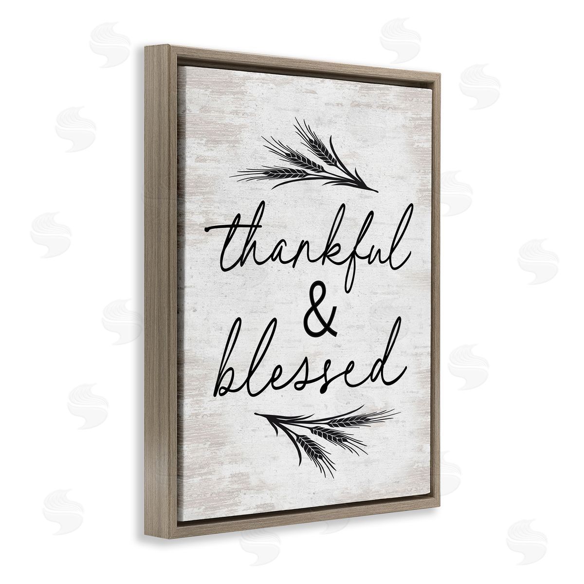 Lettered and Lined Thankful & Blessed Rustic Wheat Sprig  Brown Floating Frame Canvas Wall Art Print