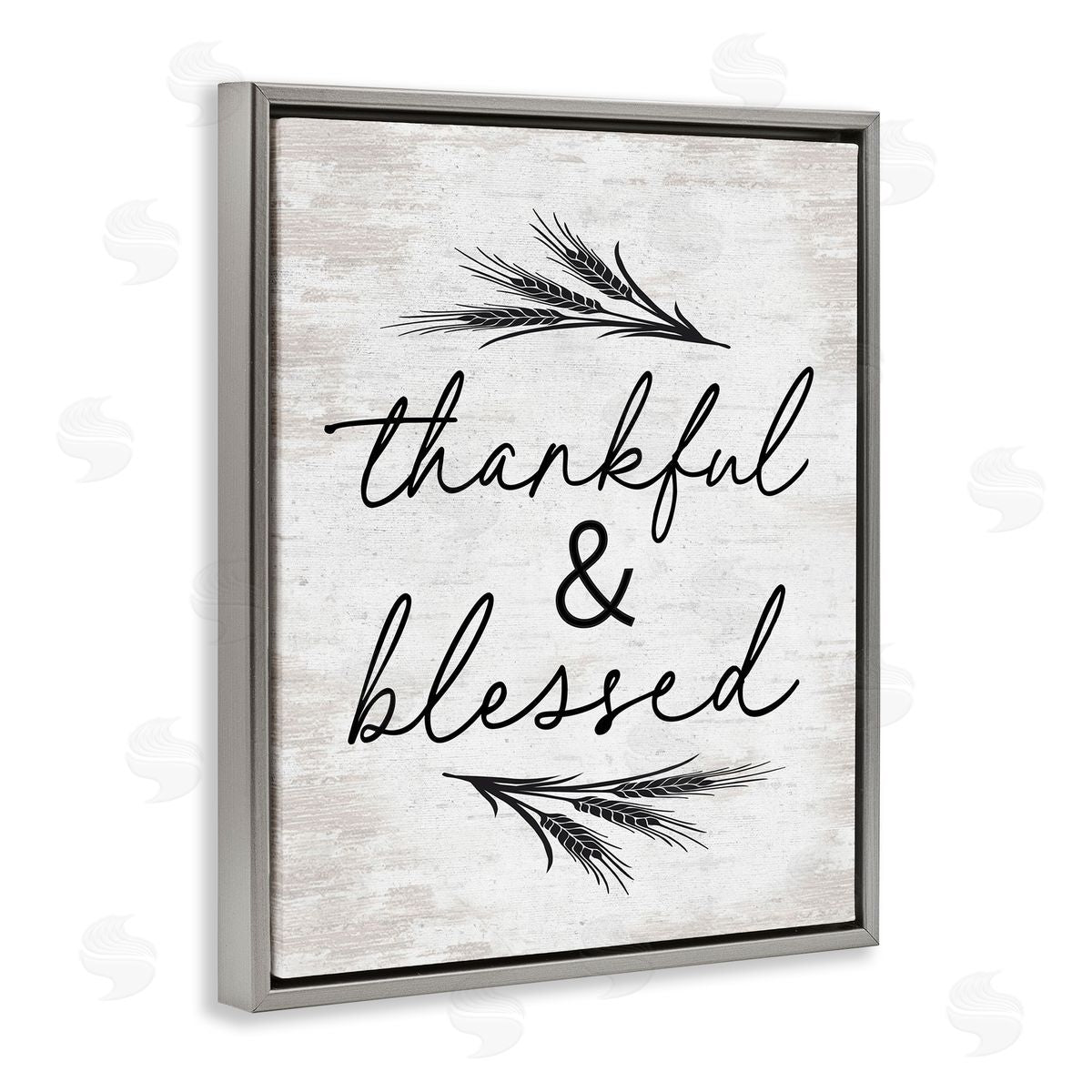 Lettered and Lined Thankful & Blessed Rustic Wheat Sprig  Gray Floating Frame Canvas Wall Art Print