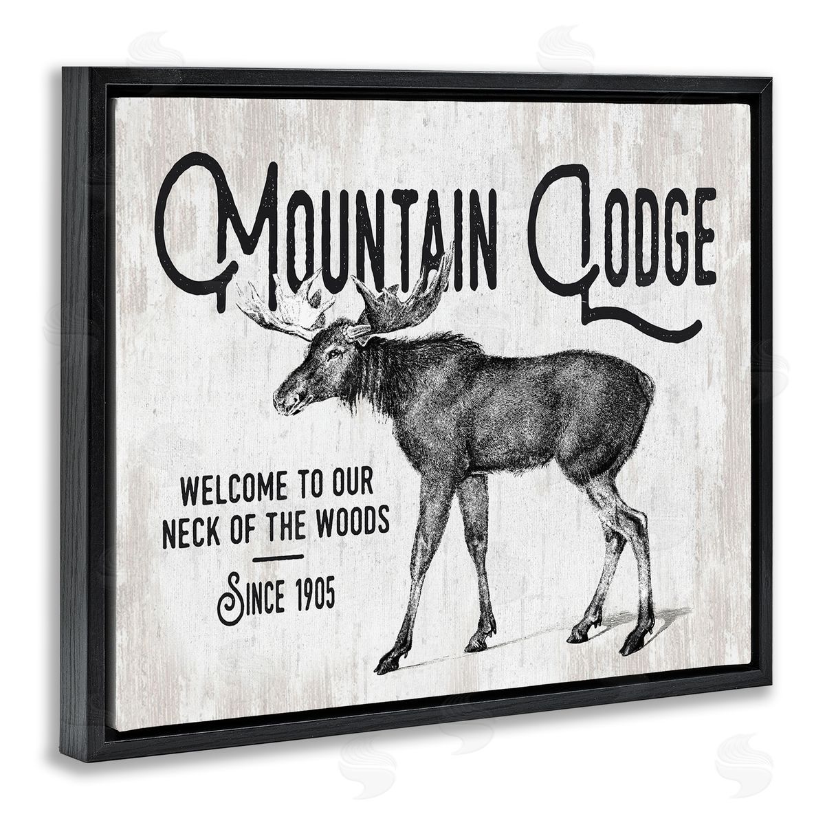 Lettered and Lined Rustic Mountain Lodge Vintage Moose Cabin Sign  Black Floating Frame Canvas Wall Art Print