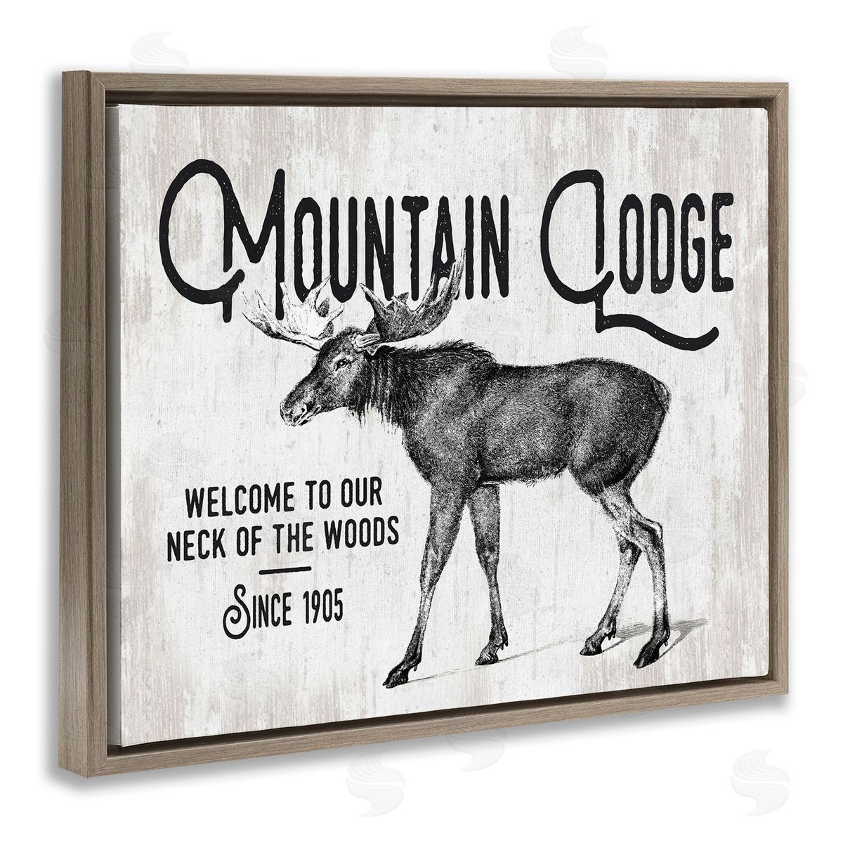 Lettered and Lined Rustic Mountain Lodge Vintage Moose Cabin Sign  Brown Floating Frame Canvas Wall Art Print
