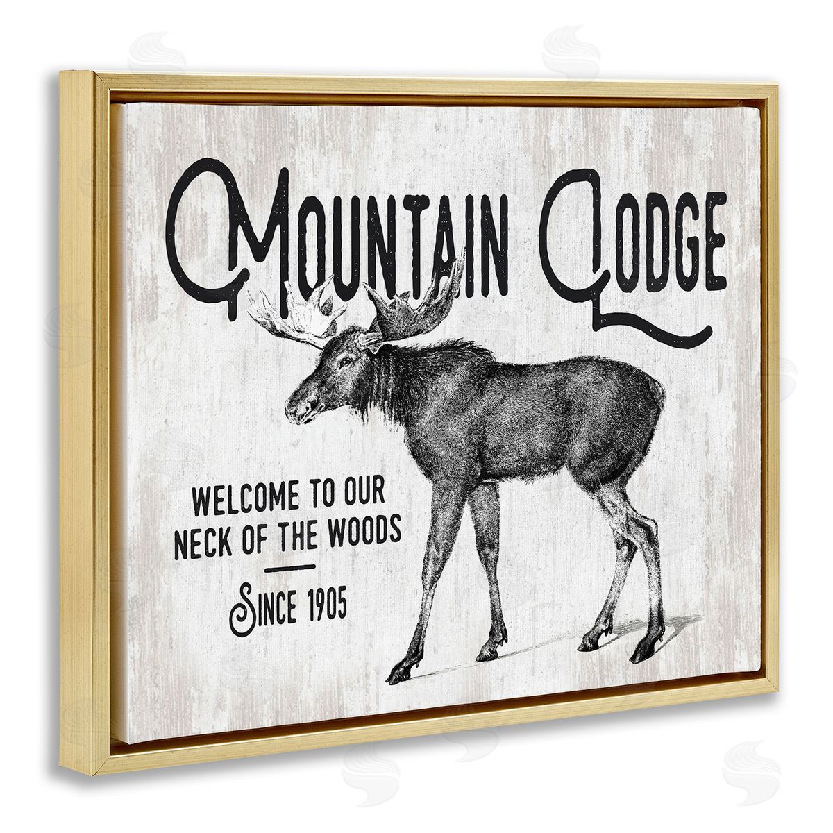 Lettered and Lined Rustic Mountain Lodge Vintage Moose Cabin Sign  Gold Floating Frame Canvas Wall Art Print