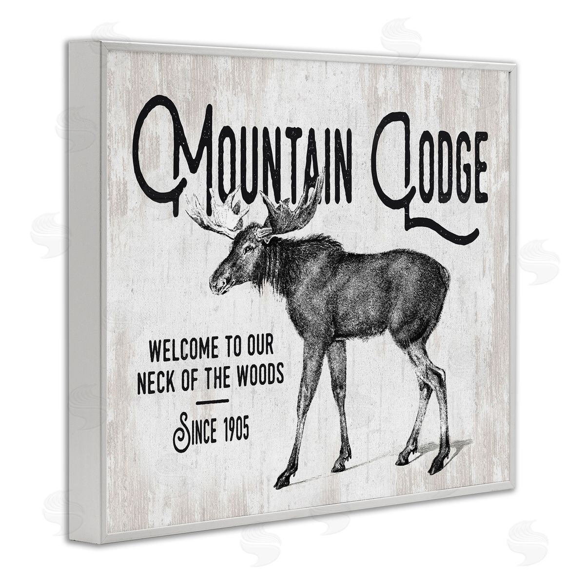 Lettered and Lined Rustic Mountain Lodge Vintage Moose Cabin Sign  White Framed Giclee Wall Art Print