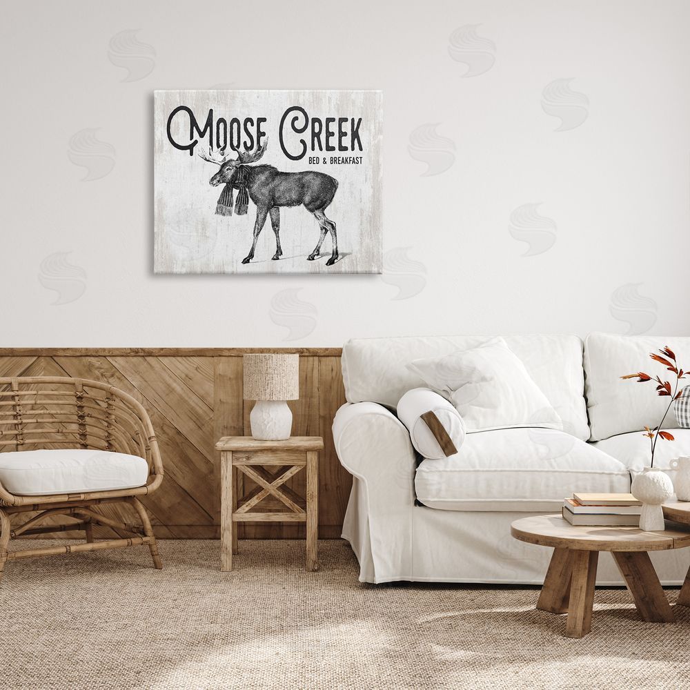 Lettered and Lined Moose Creek Bed & Breakfast Rustic Wearing Scarf  Canvas Wall Art Print in Room