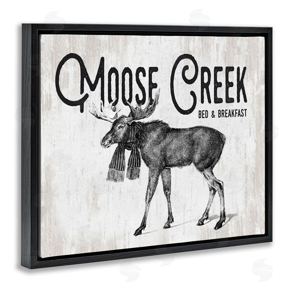 Lettered and Lined Moose Creek Bed & Breakfast Rustic Wearing Scarf  Black Floating Frame Canvas Wall Art Print