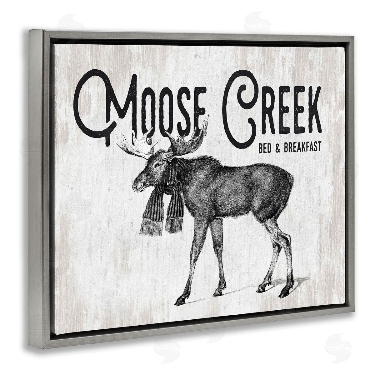 Lettered and Lined Moose Creek Bed & Breakfast Rustic Wearing Scarf  Gray Floating Frame Canvas Wall Art Print