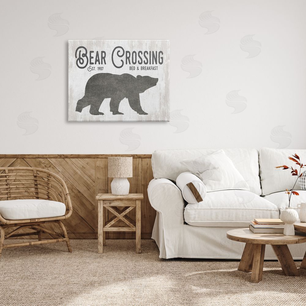 Lettered and Lined Bear Crossing Silhouette Wildlife Rustic Cabin Signage Canvas Wall Art Print in Room