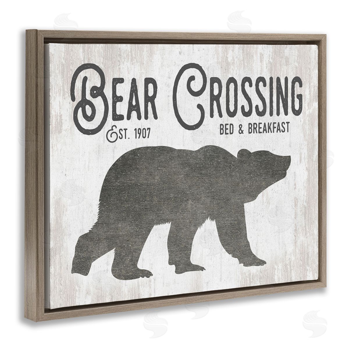 Lettered and Lined Bear Crossing Silhouette Wildlife Rustic Cabin Signage Brown Floating Frame Canvas Wall Art Print