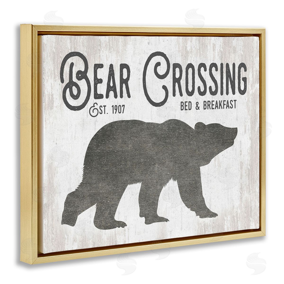 Lettered and Lined Bear Crossing Silhouette Wildlife Rustic Cabin Signage Gold Floating Frame Canvas Wall Art Print