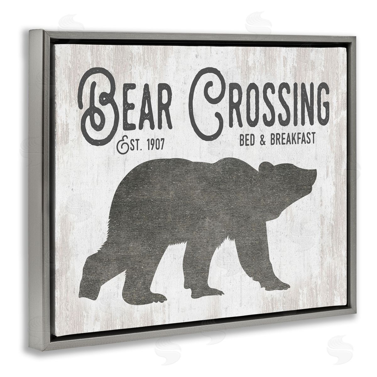Lettered and Lined Bear Crossing Silhouette Wildlife Rustic Cabin Signage Gray Floating Frame Canvas Wall Art Print