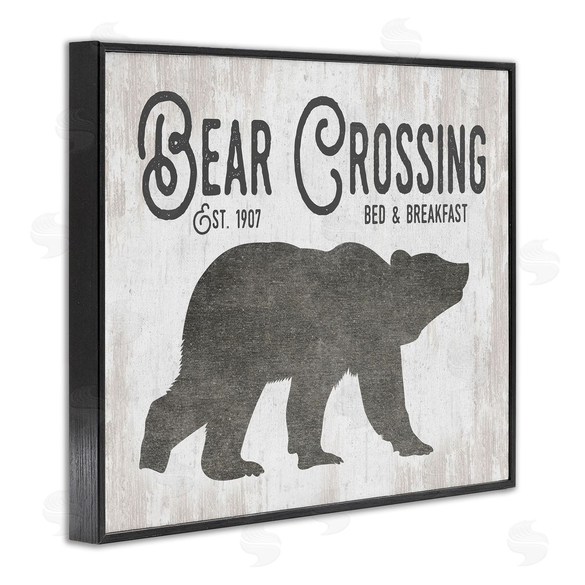 Lettered and Lined Bear Crossing Silhouette Wildlife Rustic Cabin Signage Black Framed Giclee Wall Art Print