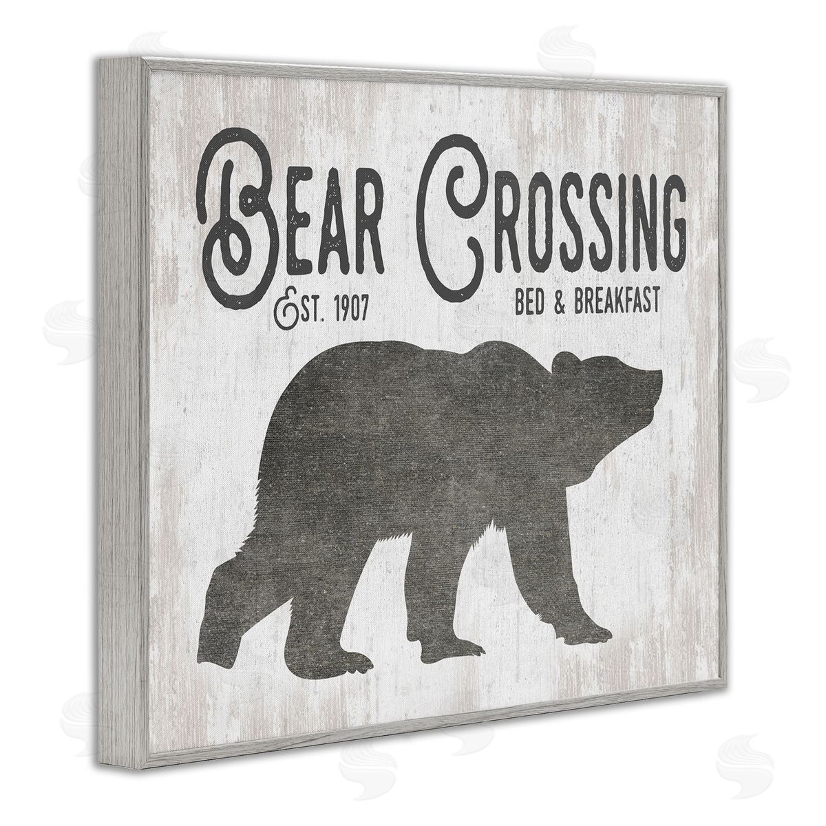 Lettered and Lined Bear Crossing Silhouette Wildlife Rustic Cabin Signage Gray Framed Giclee Wall Art Print