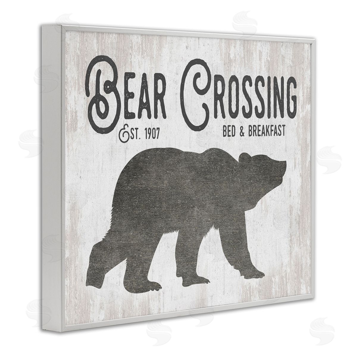 Lettered and Lined Bear Crossing Silhouette Wildlife Rustic Cabin Signage White Framed Giclee Wall Art Print