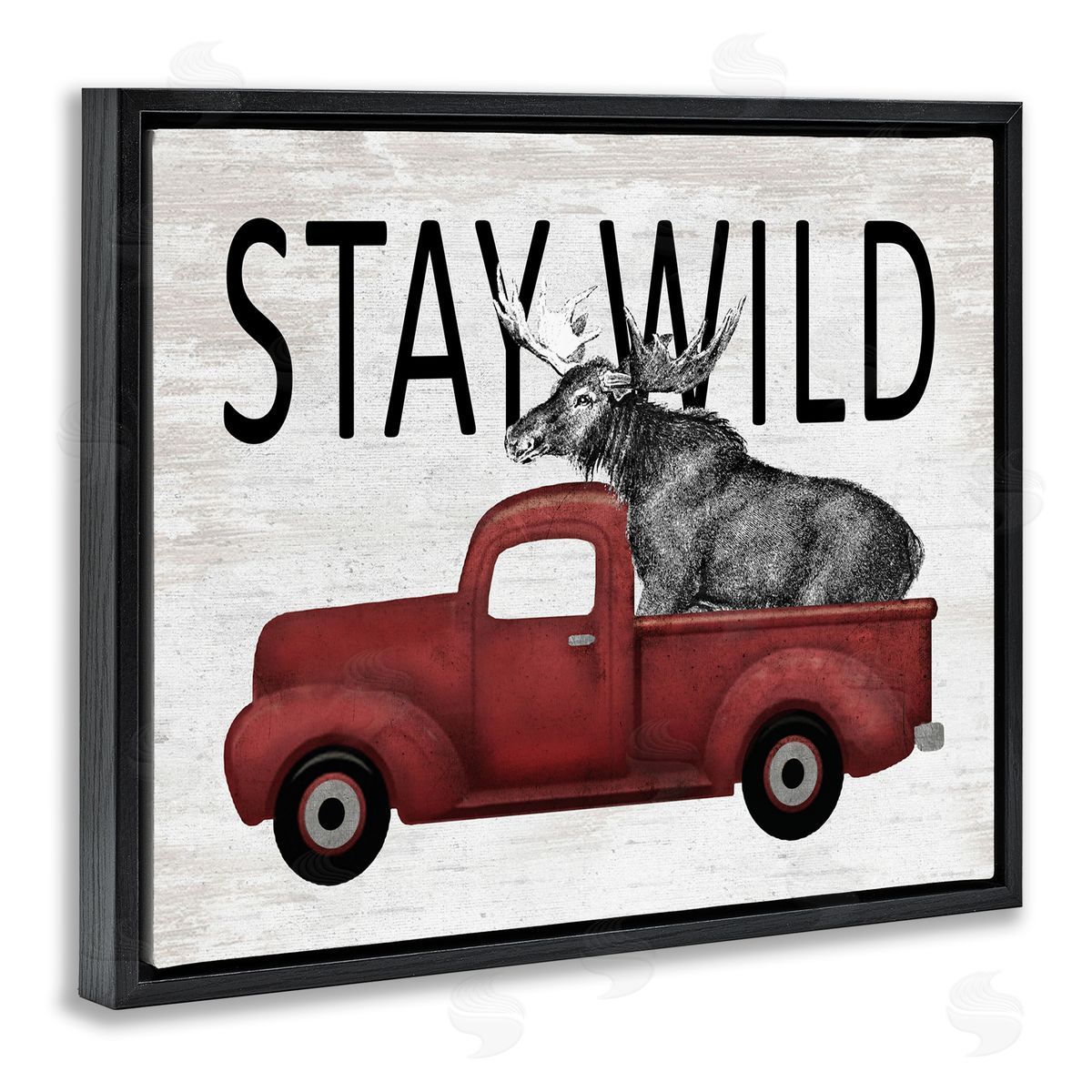 Lettered and Lined Stay Wild Moose Antique Red Pickup Truck Black Floating Frame Canvas Wall Art Print
