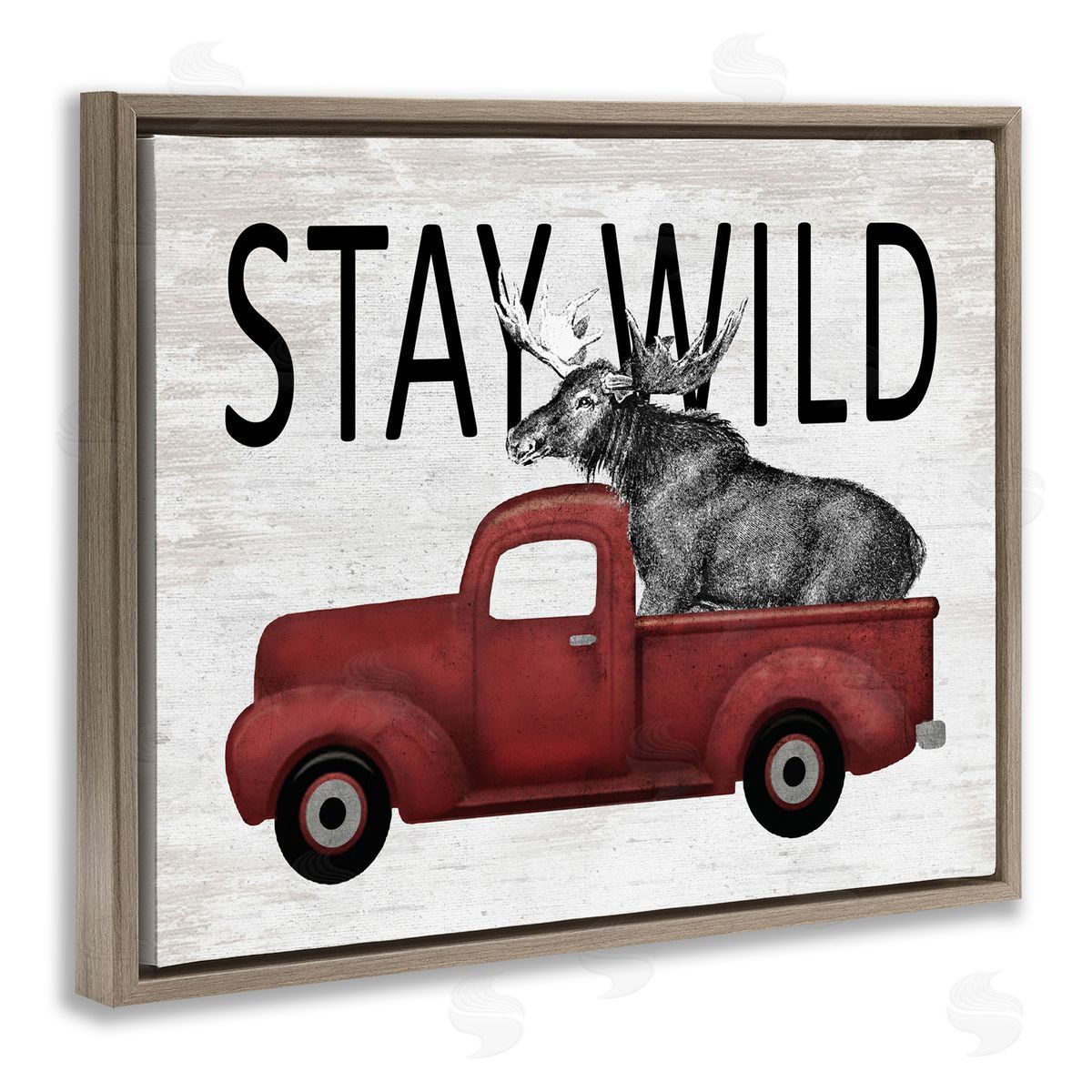Lettered and Lined Stay Wild Moose Antique Red Pickup Truck Brown Floating Frame Canvas Wall Art Print