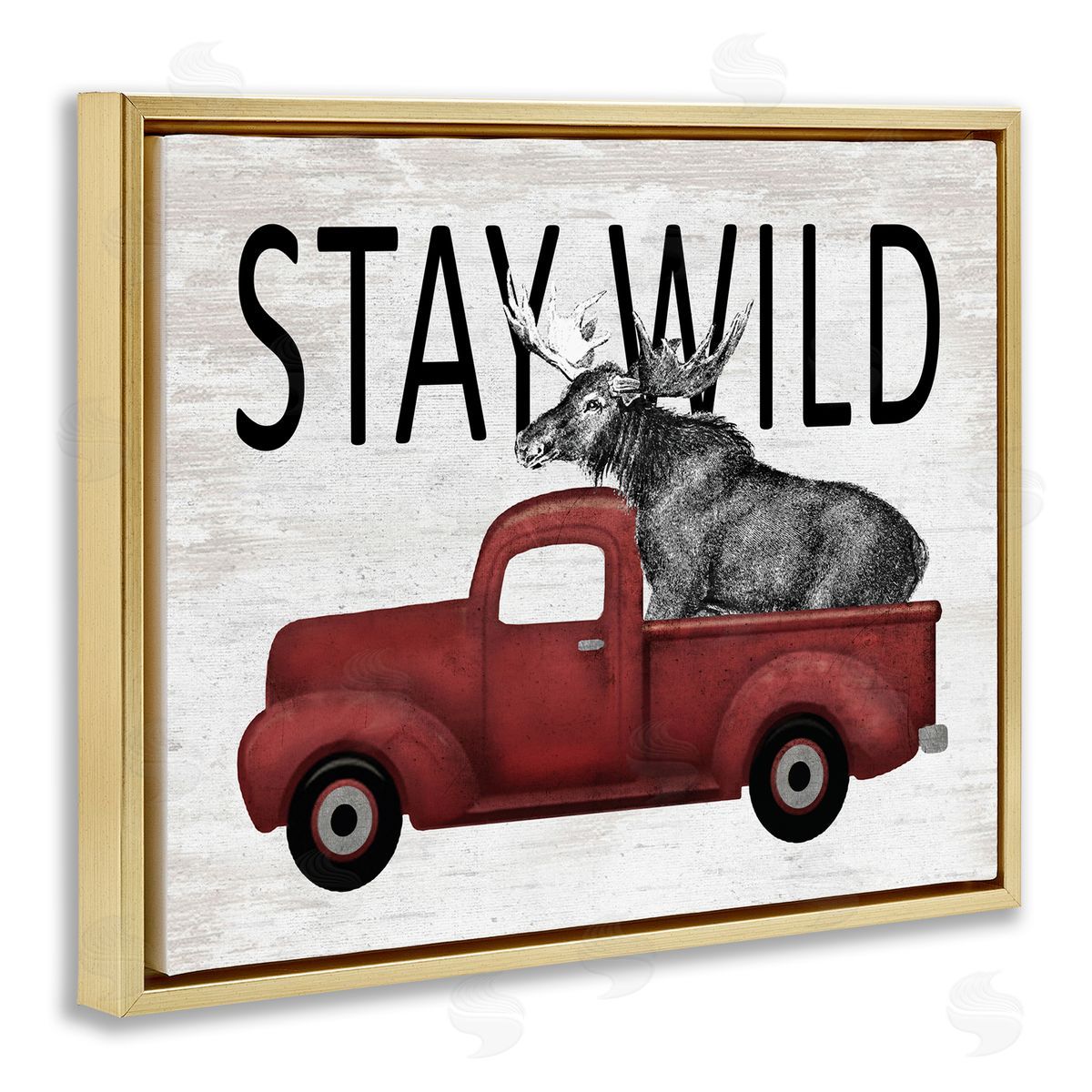 Lettered and Lined Stay Wild Moose Antique Red Pickup Truck Gold Floating Frame Canvas Wall Art Print