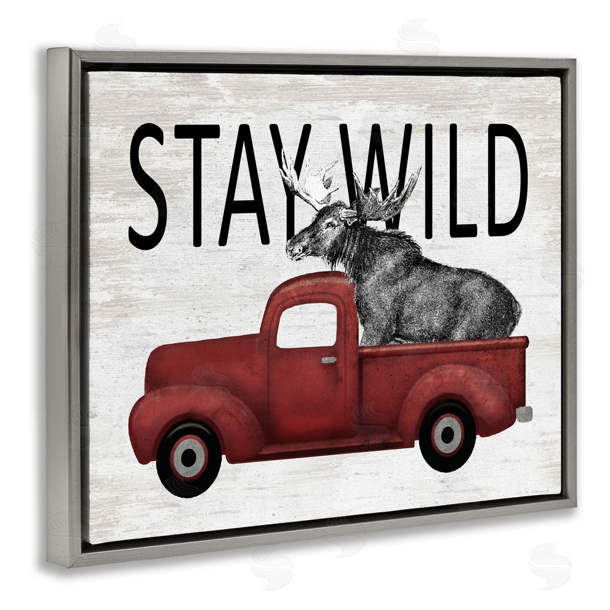 Lettered and Lined Stay Wild Moose Antique Red Pickup Truck Gray Floating Frame Canvas Wall Art Print