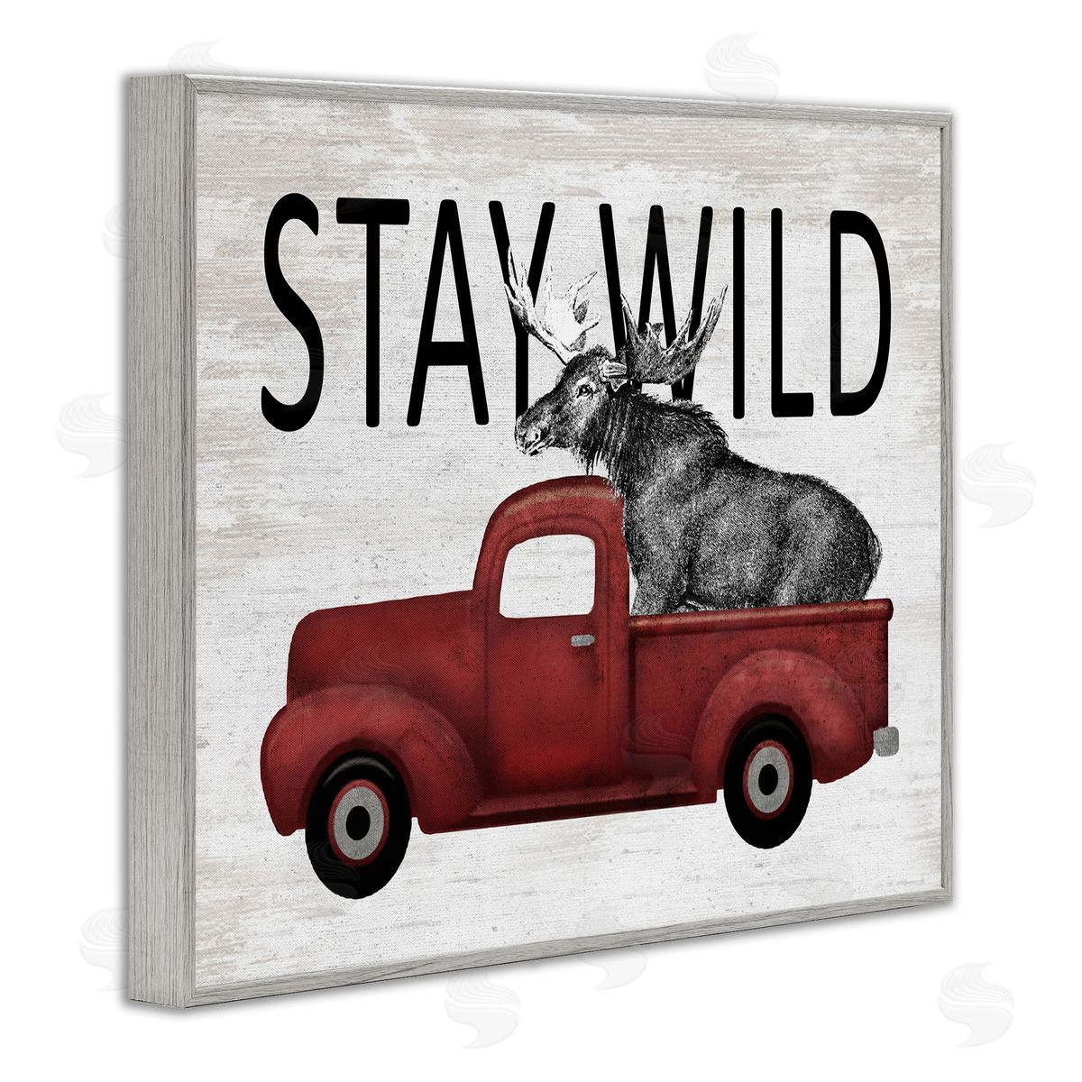 Lettered and Lined Stay Wild Moose Antique Red Pickup Truck Gray Framed Giclee Wall Art Print