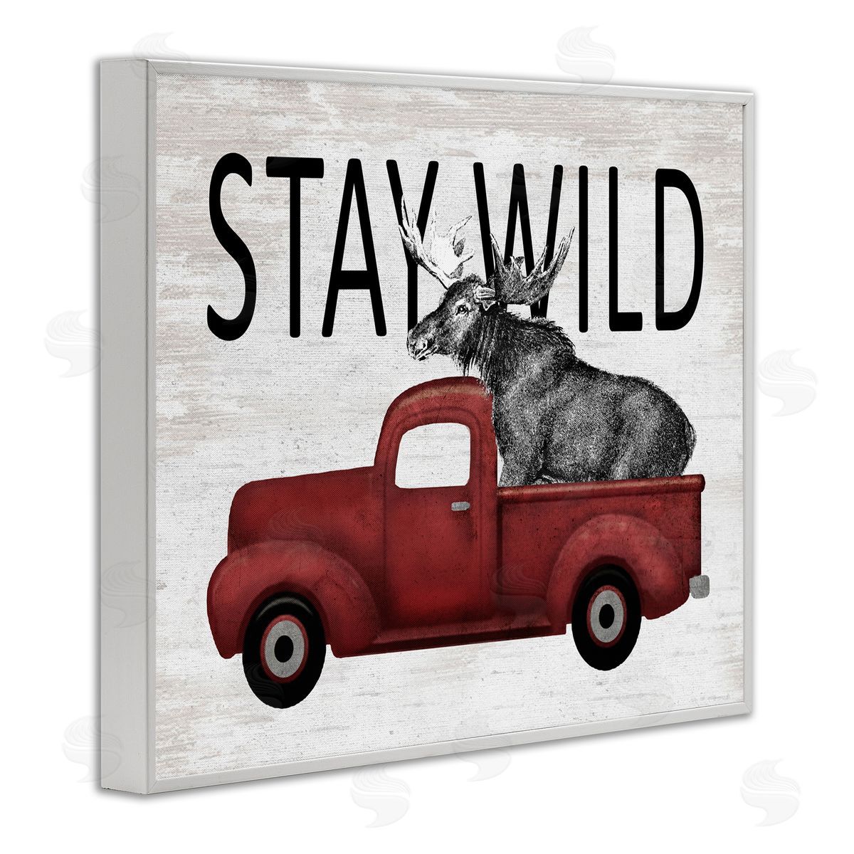 Lettered and Lined Stay Wild Moose Antique Red Pickup Truck White Framed Giclee Wall Art Print