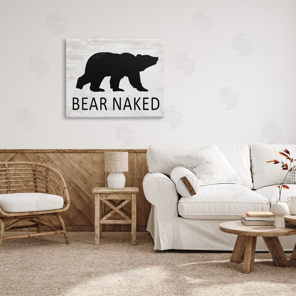 Lettered and Lined Bear Naked Humorous Cabin Typography Silhouette  Canvas Wall Art Print in Room