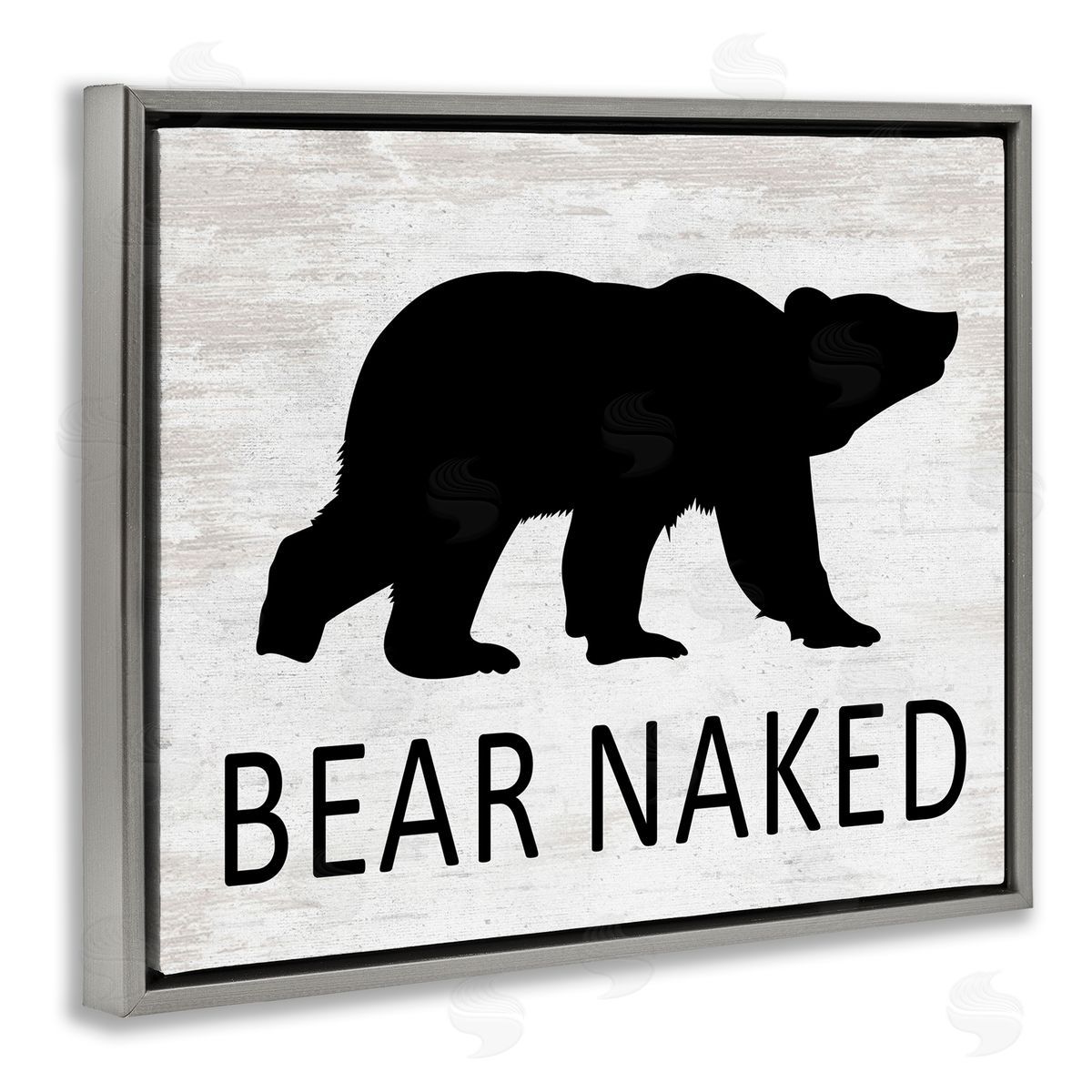 Lettered and Lined Bear Naked Humorous Cabin Typography Silhouette  Gray Floating Frame Canvas Wall Art Print