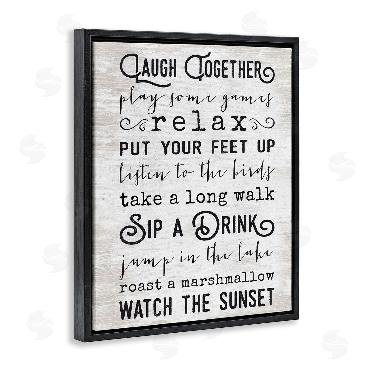 Lettered and Lined Lake Rules Relaxing List Rustic Weathered Pattern Black Floating Frame Canvas Wall Art Print