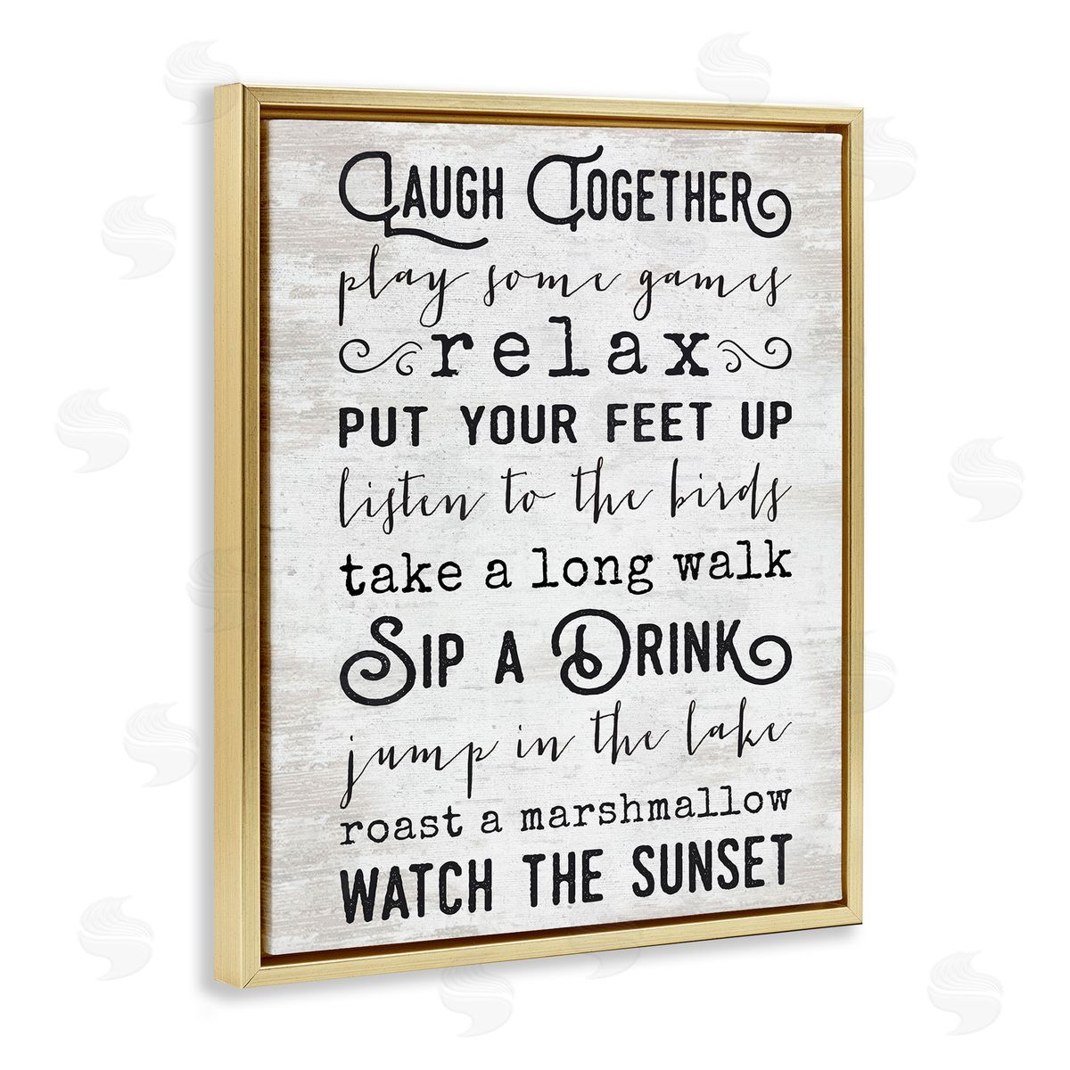 Lettered and Lined Lake Rules Relaxing List Rustic Weathered Pattern Gold Floating Frame Canvas Wall Art Print
