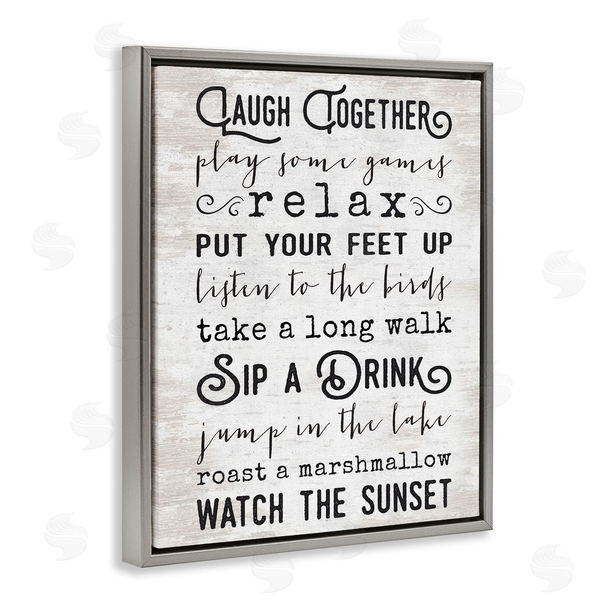 Lettered and Lined Lake Rules Relaxing List Rustic Weathered Pattern Gray Floating Frame Canvas Wall Art Print