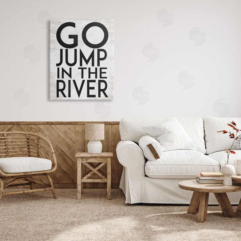 Lettered and Lined Jump in the River Motivational Lake House Phrase Canvas Wall Art Print in Room