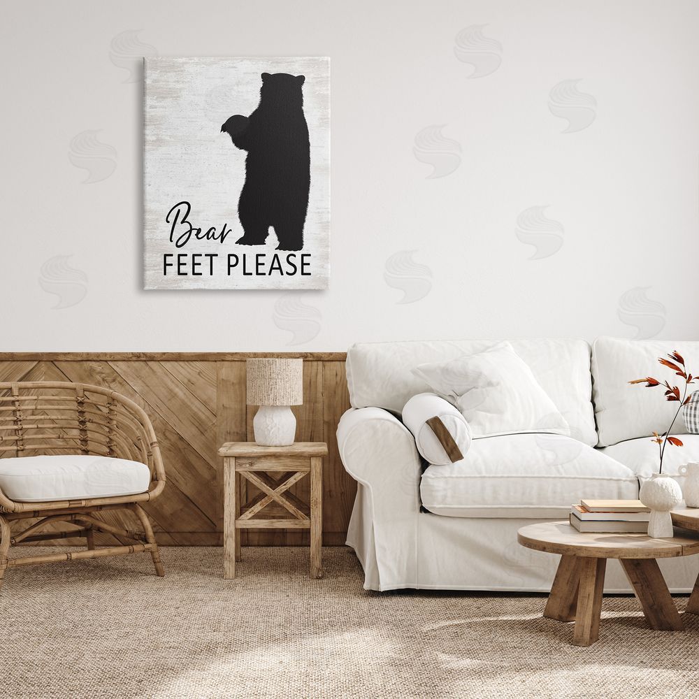 Lettered and Lined Bear Feet Remove Shoes Cabin Entrance Sign Canvas Wall Art Print in Room