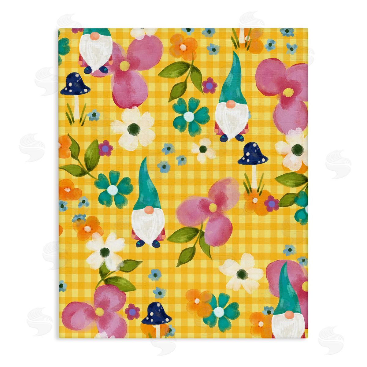 Laura Konyndyk Yellow Tartan Patterned Spring Gnomes Mushrooms Stretched Canvas Wall Art Print