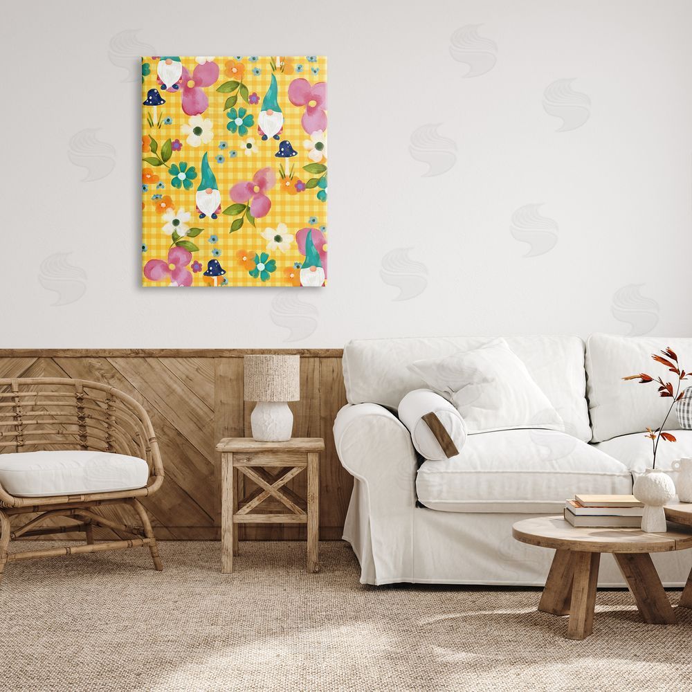 Laura Konyndyk Yellow Tartan Patterned Spring Gnomes Mushrooms Canvas Wall Art Print in Room