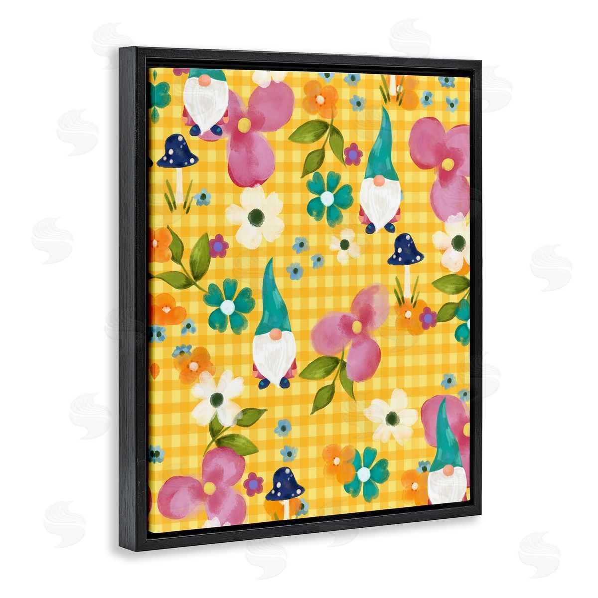 Laura Konyndyk Yellow Tartan Patterned Spring Gnomes Mushrooms Black Floating Frame Canvas Wall Art Print