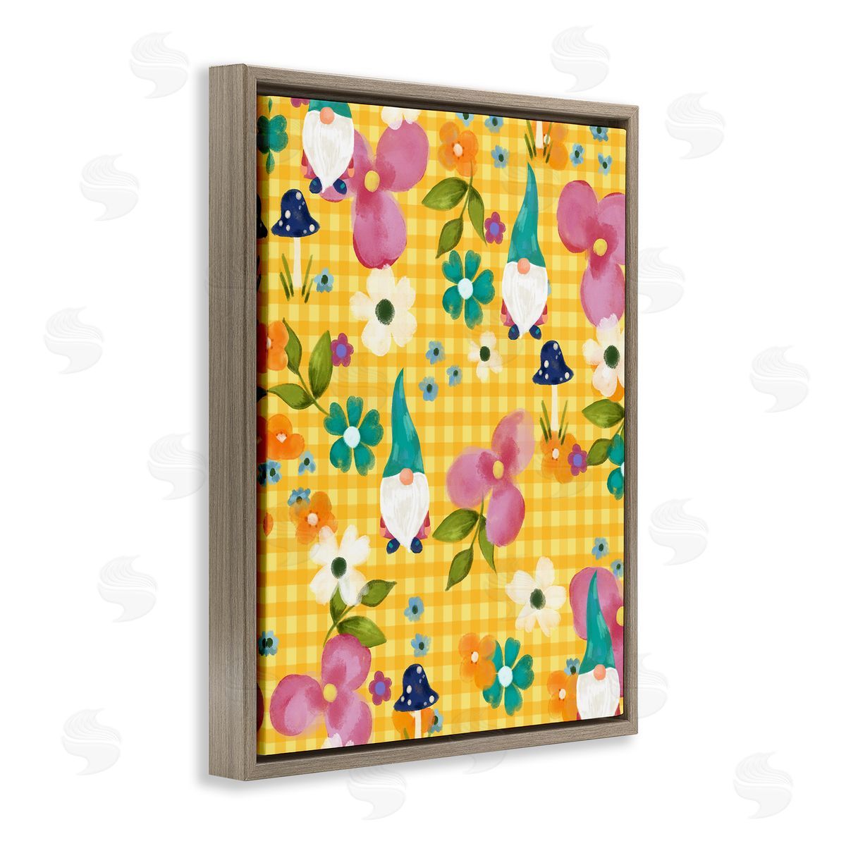 Laura Konyndyk Yellow Tartan Patterned Spring Gnomes Mushrooms Brown Floating Frame Canvas Wall Art Print