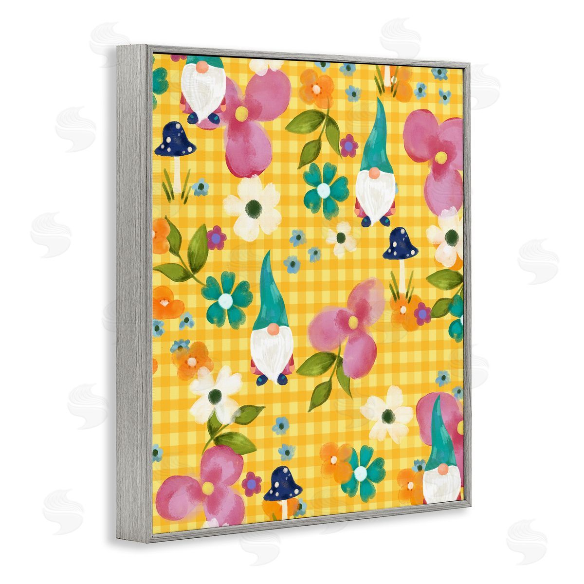 Laura Konyndyk Yellow Tartan Patterned Spring Gnomes Mushrooms Gray Framed Giclee Wall Art Print