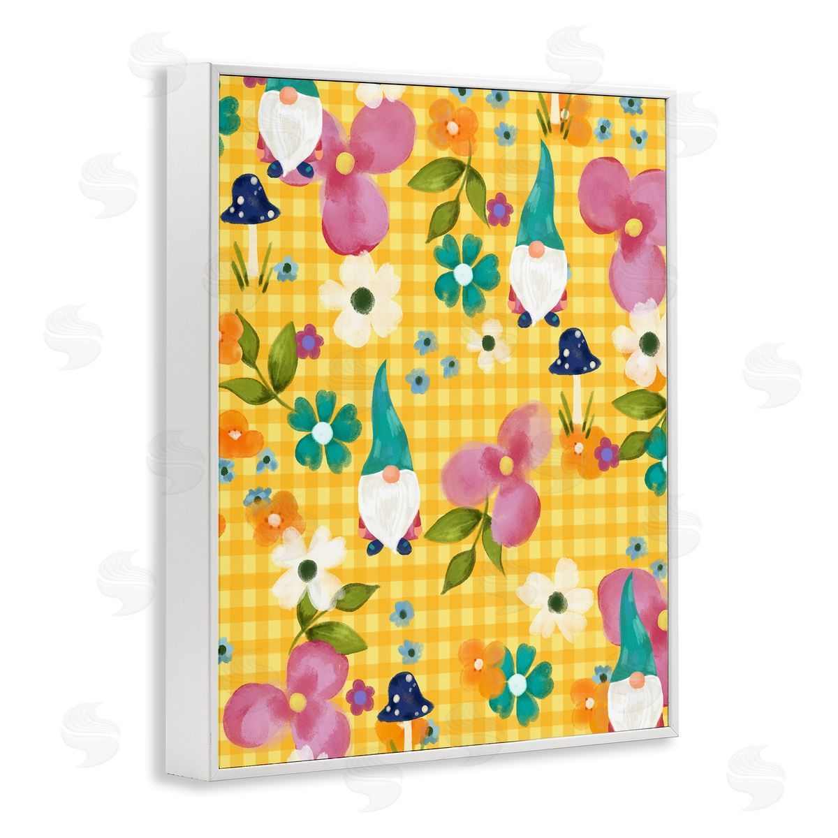 Laura Konyndyk Yellow Tartan Patterned Spring Gnomes Mushrooms White Framed Giclee Wall Art Print