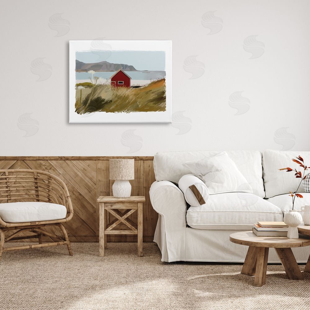 J. Weiss Lakeside Rural Red House Distant Mountain View  Canvas Wall Art Print in Room