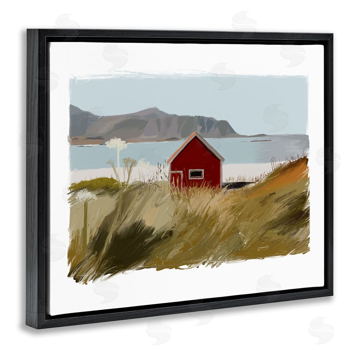 J. Weiss Lakeside Rural Red House Distant Mountain View  Black Floating Frame Canvas Wall Art Print