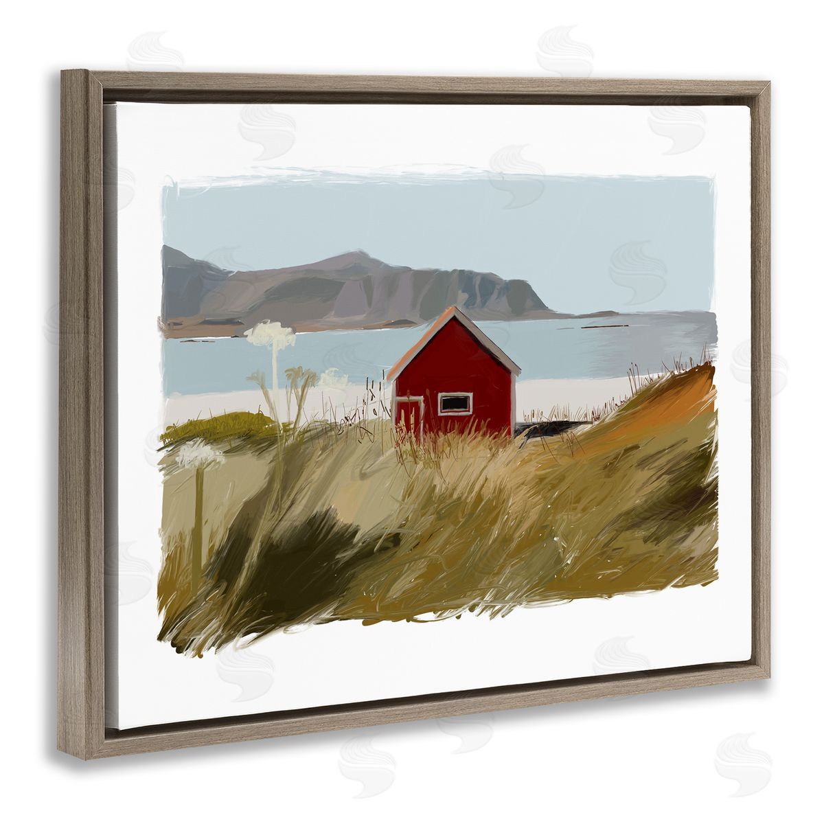 J. Weiss Lakeside Rural Red House Distant Mountain View  Brown Floating Frame Canvas Wall Art Print
