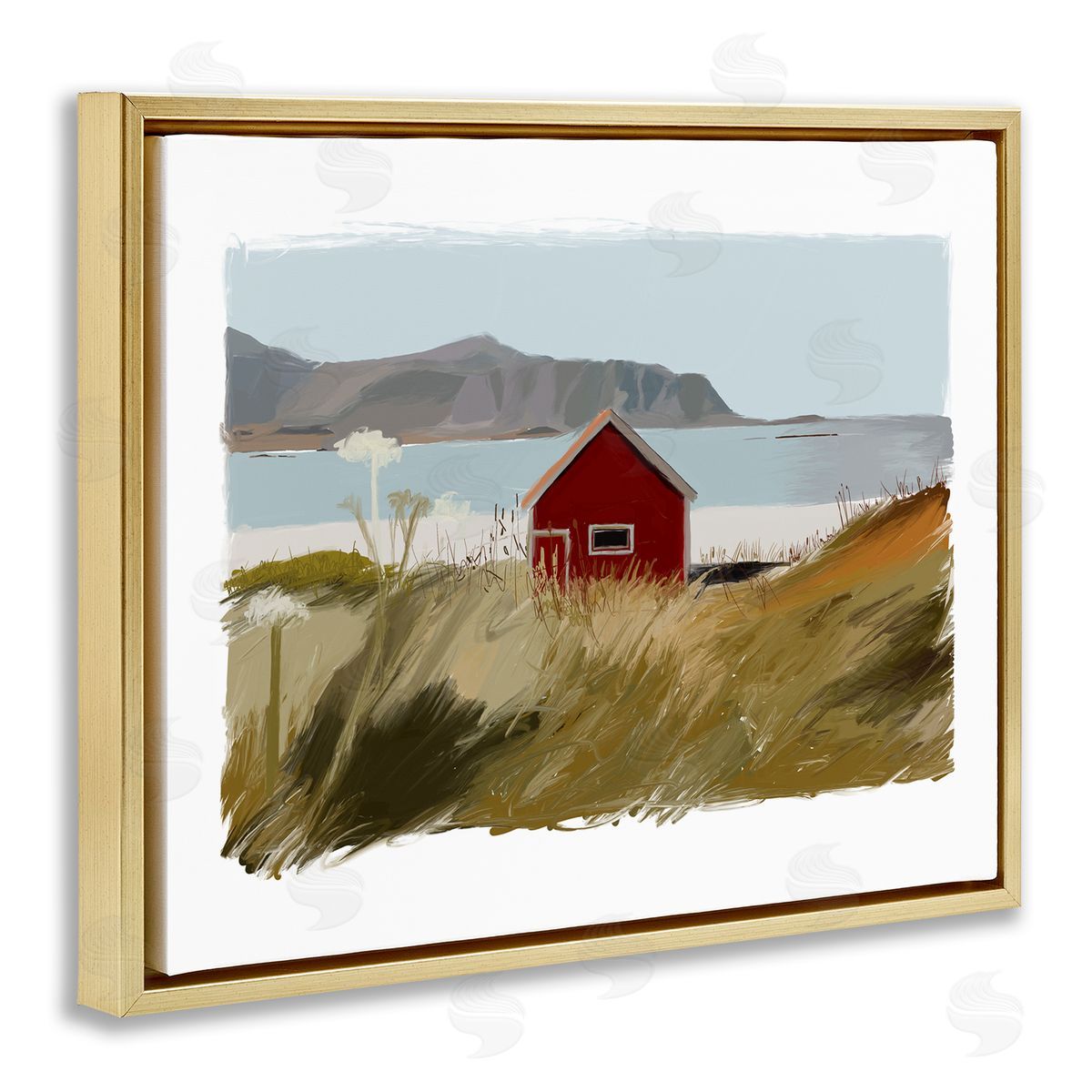 J. Weiss Lakeside Rural Red House Distant Mountain View  Gold Floating Frame Canvas Wall Art Print