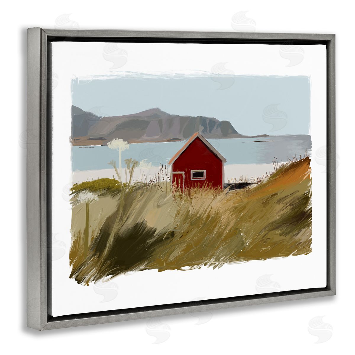J. Weiss Lakeside Rural Red House Distant Mountain View  Gray Floating Frame Canvas Wall Art Print