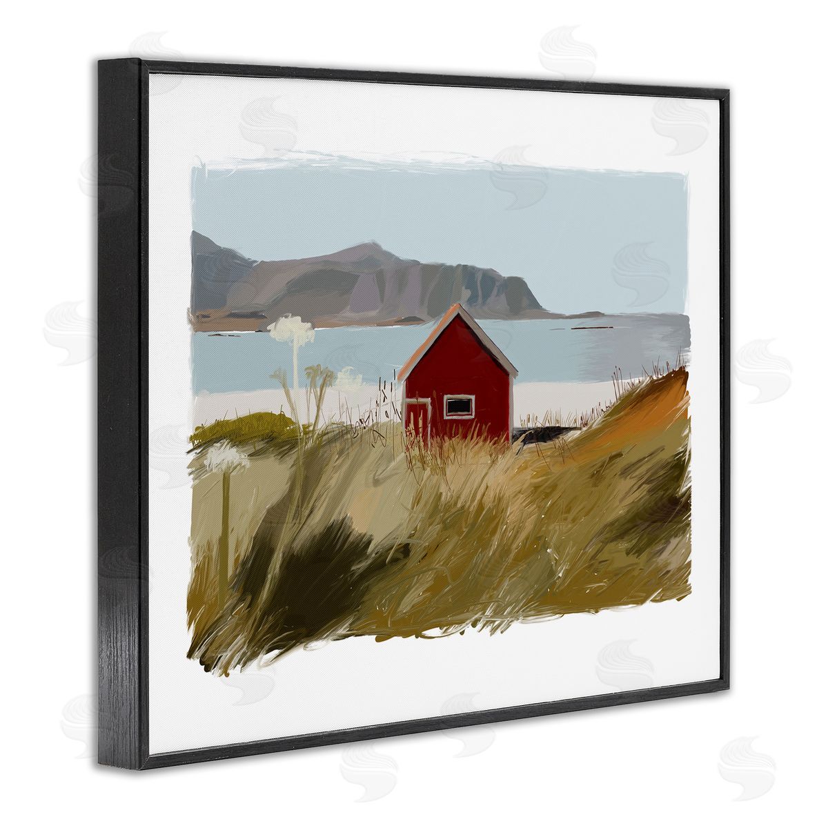 J. Weiss Lakeside Rural Red House Distant Mountain View  Black Framed Giclee Wall Art Print