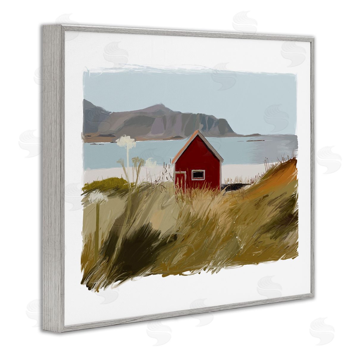 J. Weiss Lakeside Rural Red House Distant Mountain View  Gray Framed Giclee Wall Art Print