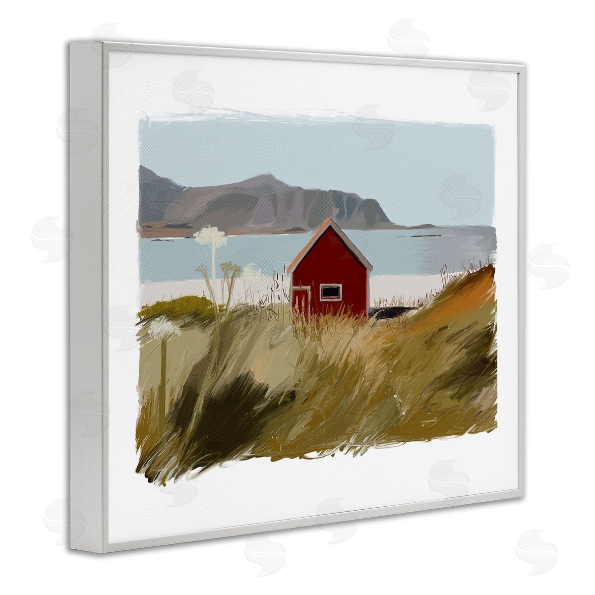 J. Weiss Lakeside Rural Red House Distant Mountain View  White Framed Giclee Wall Art Print