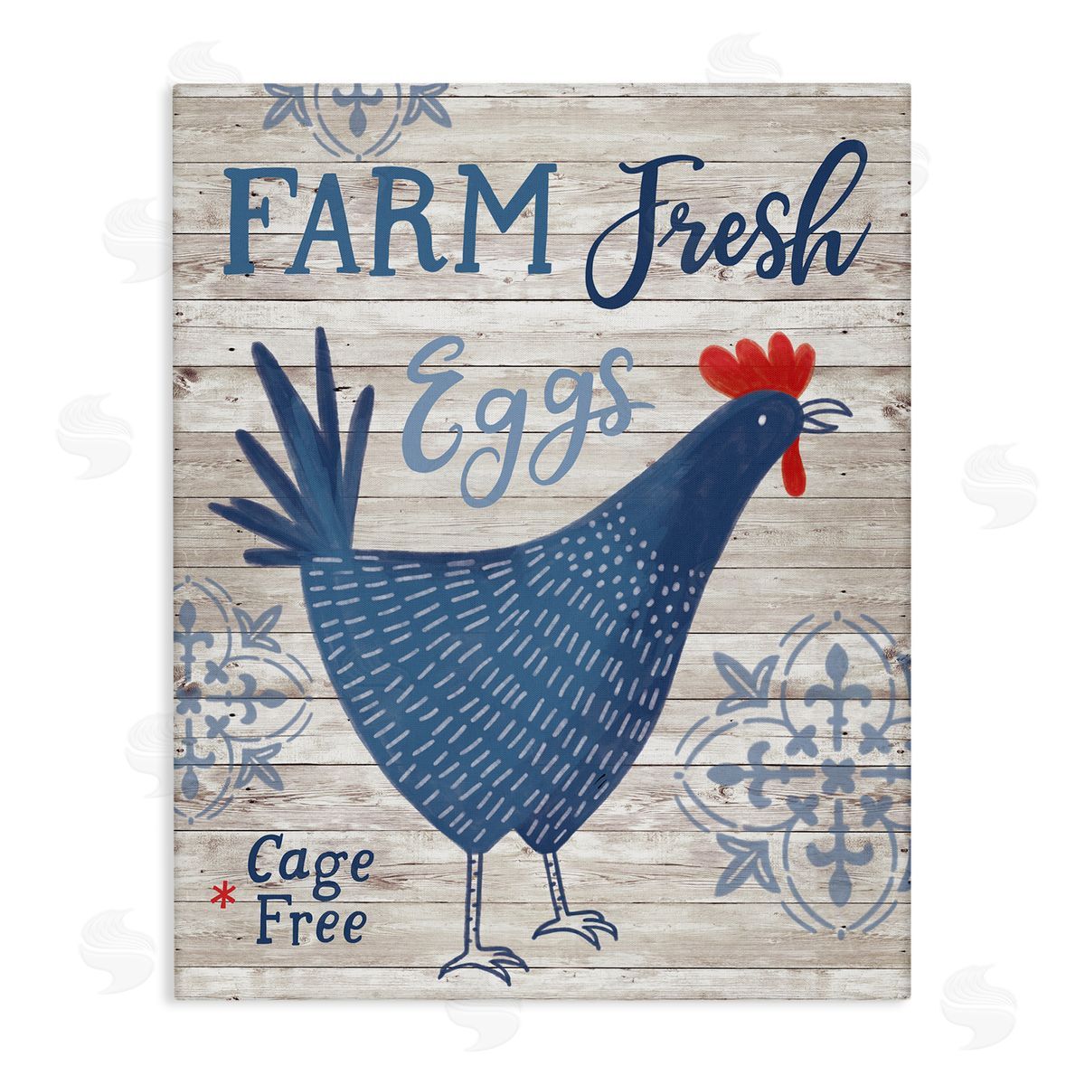 Nina Seven Farm Fresh Eggs Blue Rustic Chicken Planked Pattern Stretched Canvas Wall Art Print