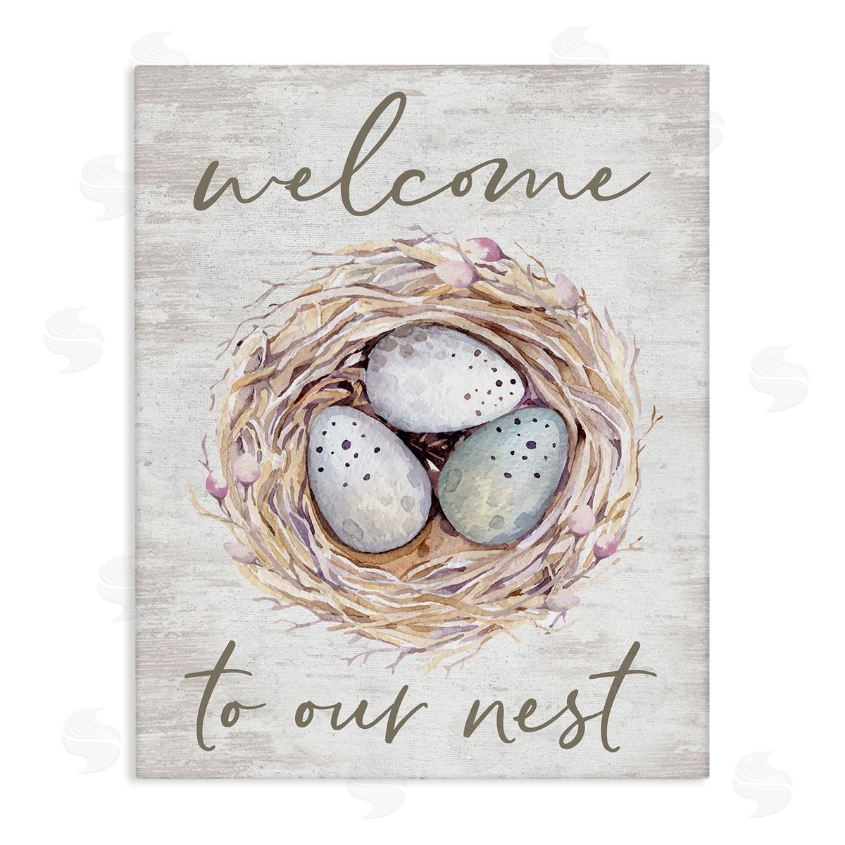 Lettered and Lined Welcome To Our Nest Rustic Bird Egg Sign  Stretched Canvas Wall Art Print