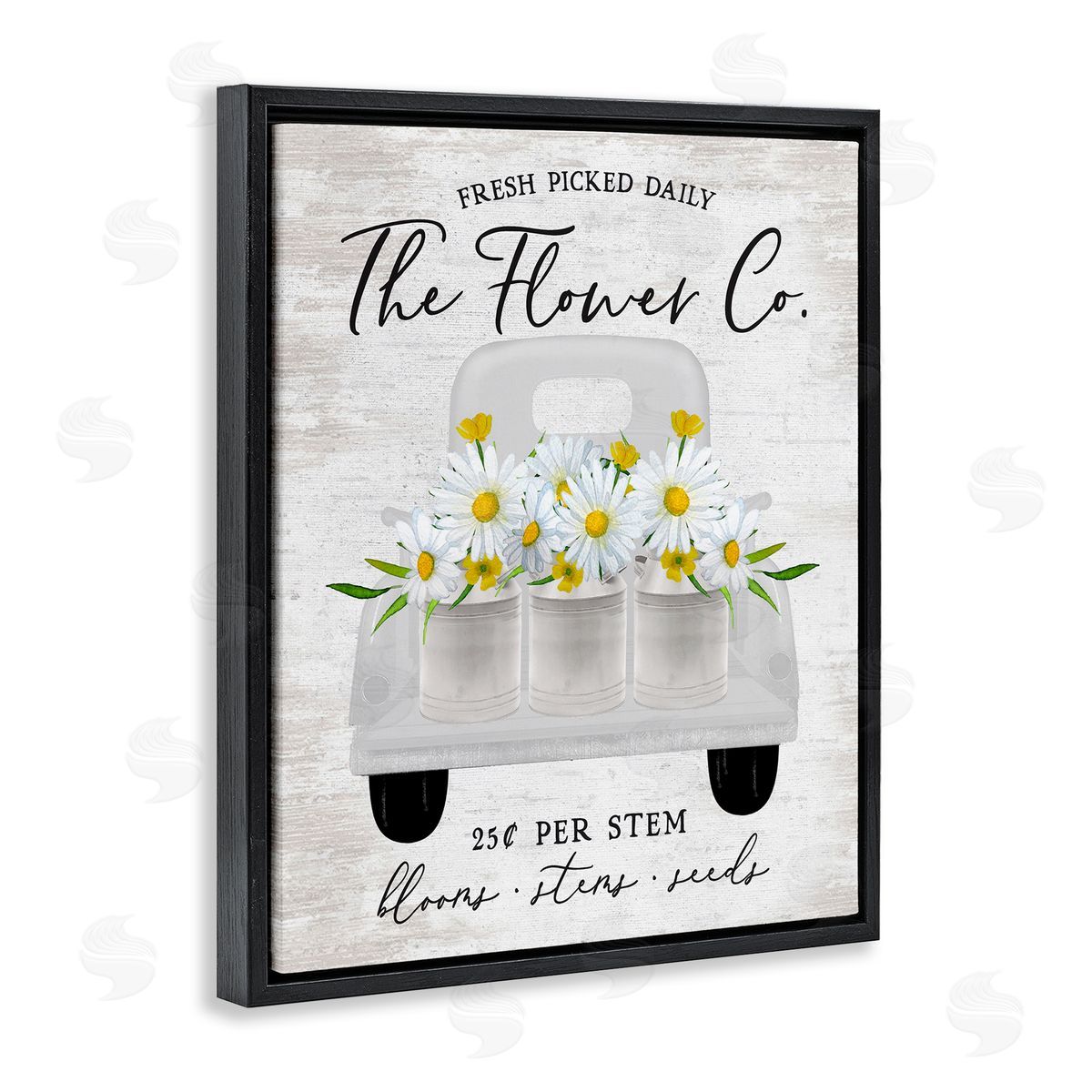 Lettered and Lined Vintage Flower Co. Daisy Blooms Filled Pickup Truck Black Floating Frame Canvas Wall Art Print
